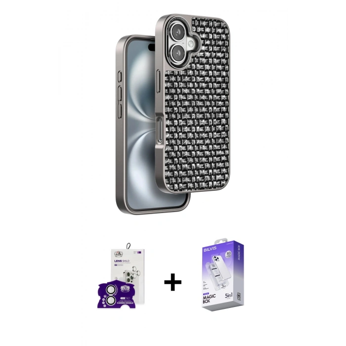 MARSİLYAN™- iPhone 16 Kılıf Siluet Form Serisi - Siyah Bilvis 5in1 3D Magic Cam Ekran Koruyucu + Bilvis Titan Kamera Lens - GS