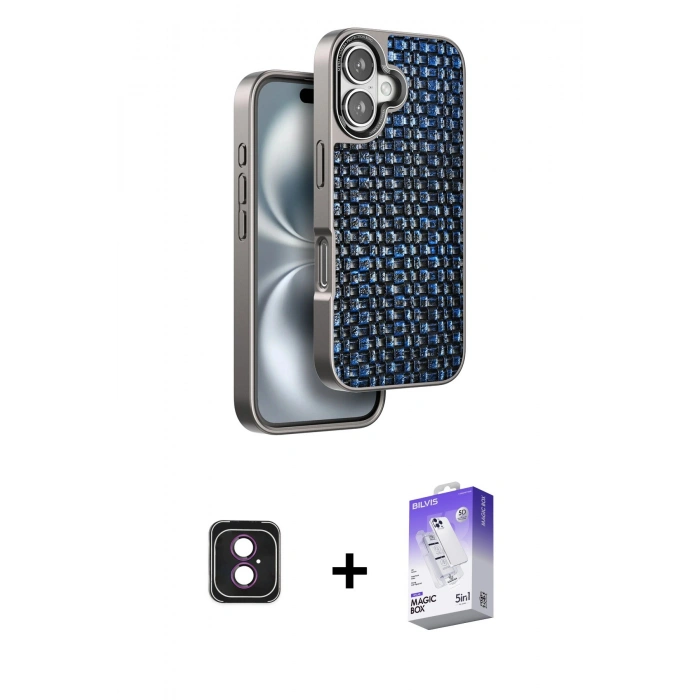 MARSİLYAN™- iPhone 16 Kılıf Siluet Form Serisi - Siyah Bilvis 5in1 3D Magic Cam Ekran Koruyucu + Pembe PVD Metal Kamera Lens