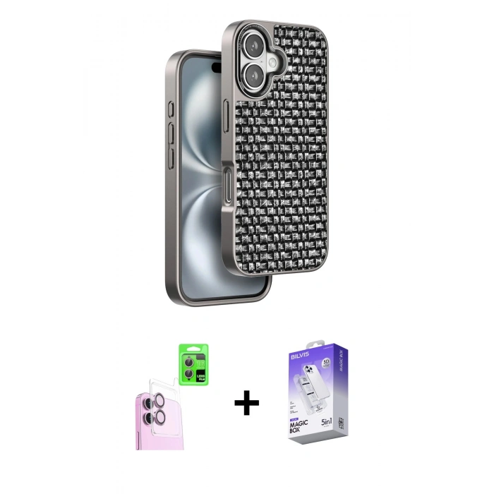 MARSİLYAN™- iPhone 16 Kılıf Siluet Form Serisi - Siyah Bilvis 5in1 3D Magic Cam Ekran Koruyucu + Raze Metal Kamera Lens - PE