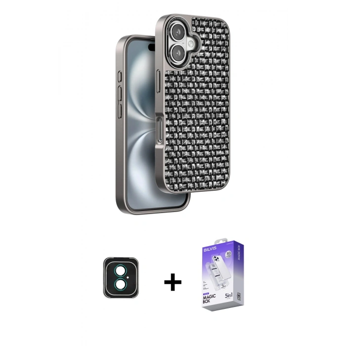 MARSİLYAN™- iPhone 16 Kılıf Siluet Form Serisi - Siyah Bilvis 5in1 3D Magic Cam Ekran Koruyucu + PVD Metal Kamera Lens - YL