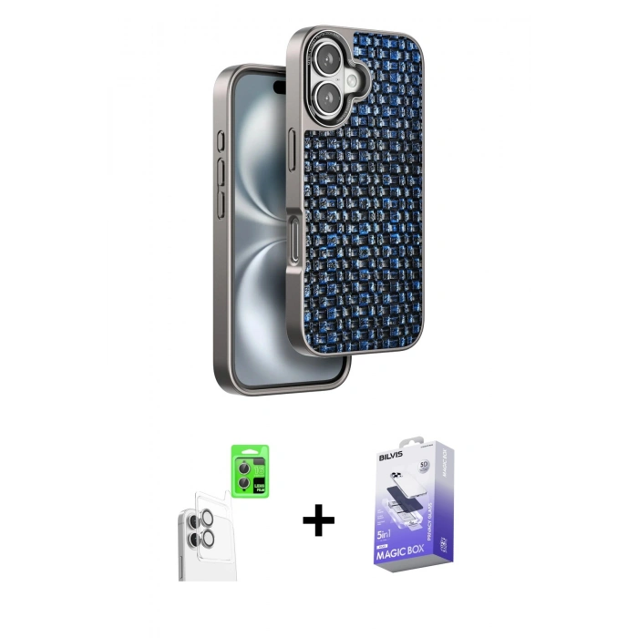 MARSİLYAN™- iPhone 16 Kılıf Siluet Form Serisi - Siyah Bilvis 5in1 5D Magic Hayalet Cam Ekran Koruyucu + Raze Metal Kamera Lens - BZ