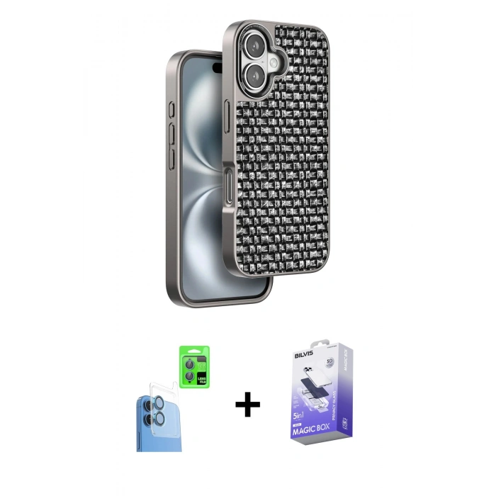 MARSİLYAN™- iPhone 16 Kılıf Siluet Form Serisi - Siyah Bilvis 5in1 5D Magic Hayalet Cam Ekran Koruyucu + Raze Metal Kamera Lens - LT