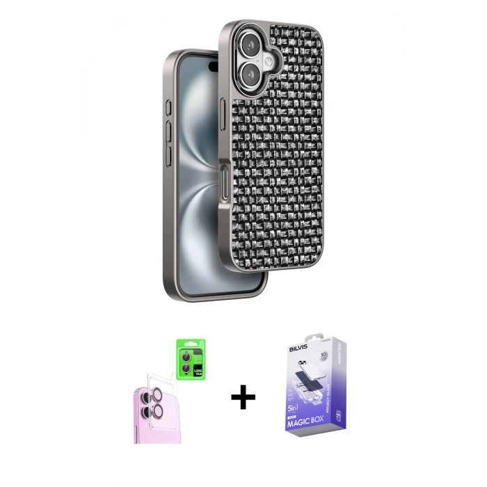 MARSİLYAN™- iPhone 16 Kılıf Siluet Form Serisi - Siyah Bilvis 5in1 5D Magic Hayalet Cam Ekran Koruyucu + Raze Metal Kamera Lens - PE