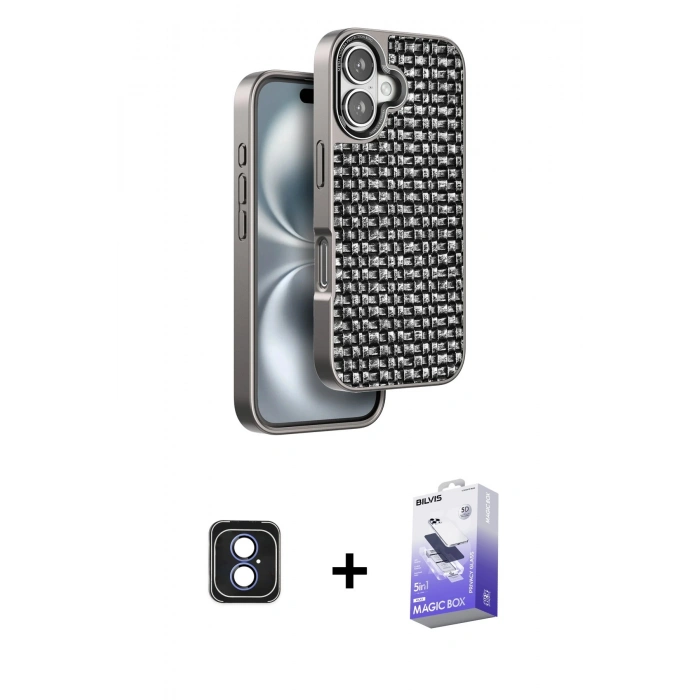 MARSİLYAN™- iPhone 16 Kılıf Siluet Form Serisi - Siyah Bilvis 5in1 5D Magic Hayalet Cam Ekran Koruyucu + PVD Metal Kamera Lens - MI