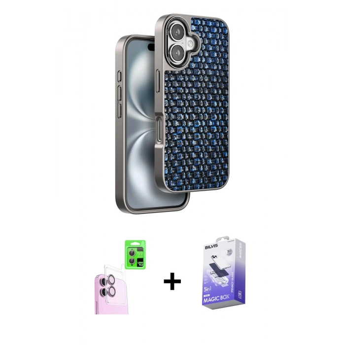 MARSİLYAN™- iPhone 16 Kılıf Siluet Form Serisi - Siyah Bilvis 5in1 5D Magic Hayalet Cam Ekran Koruyucu + Raze Metal Kamera Lens - PE