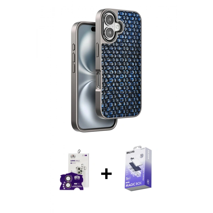 MARSİLYAN™- iPhone 16 Kılıf Siluet Form Serisi - Siyah Bilvis 5in1 5D Magic Hayalet Cam Ekran Koruyucu + Pembe Bilvis Titan Kamera Lens