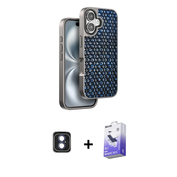 MARSİLYAN™- iPhone 16 Kılıf Siluet Form Serisi - Siyah Bilvis 5in1 5D Magic Hayalet Cam Ekran Koruyucu + PVD Metal Kamera Lens - MI