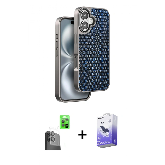 MARSİLYAN™- iPhone 16 Kılıf Siluet Form Serisi - Siyah Bilvis 5in1 5D Magic Hayalet Cam Ekran Koruyucu + Raze Metal Kamera Lens - SH