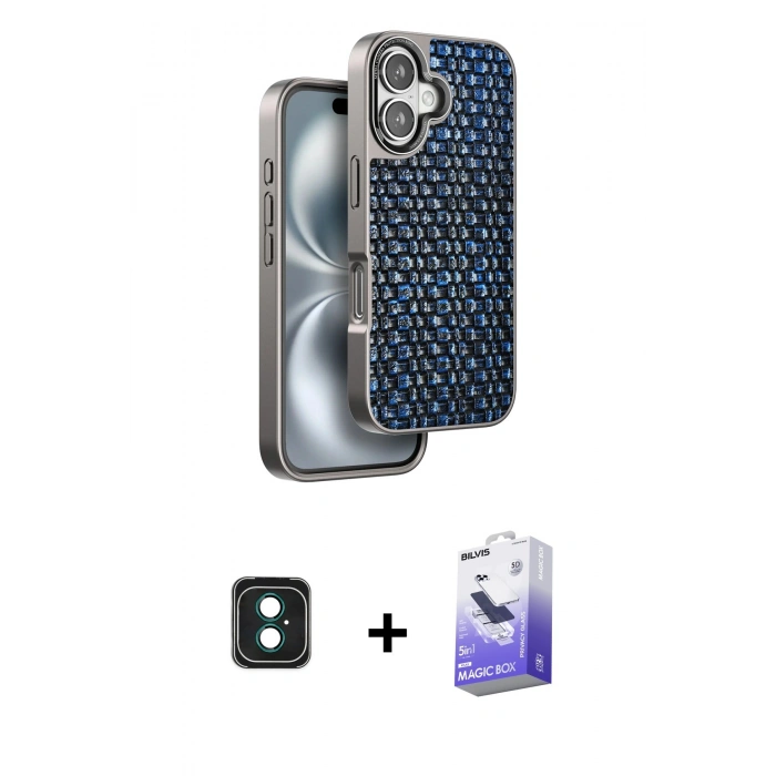 MARSİLYAN™- iPhone 16 Kılıf Siluet Form Serisi - Siyah Bilvis 5in1 5D Magic Hayalet Cam Ekran Koruyucu + PVD Metal Kamera Lens - YL
