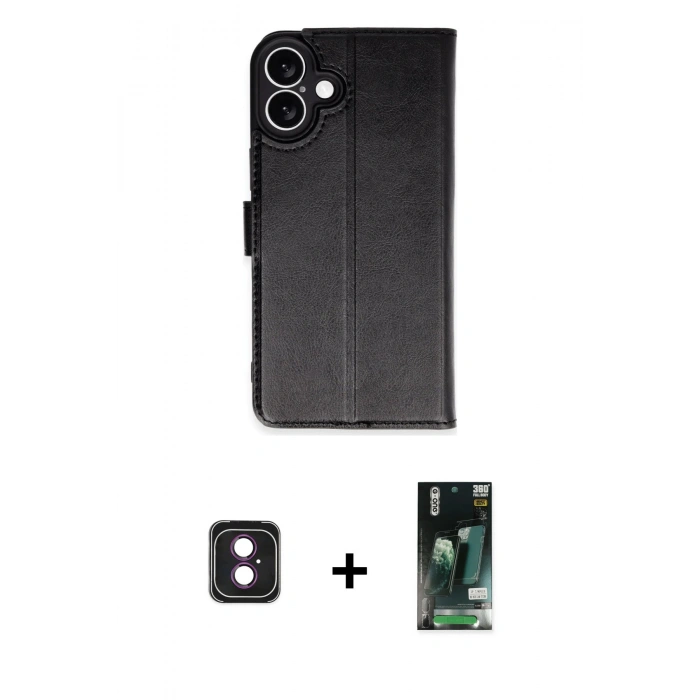 MARSİLYAN™- iPhone 16 Kılıf Siluet Işık Serisi - Siyah 360 Mat Full Body Arka Koruyucu + PVD Metal Kamera Lens - PE