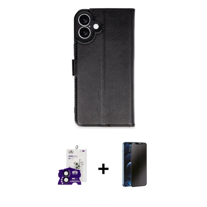MARSİLYAN™- iPhone 16 Kılıf Siluet Işık Serisi - Siyah 3D Antistatik Hayalet Cam Ekran Koruyucu + Bilvis Titan Kamera Lens - SH