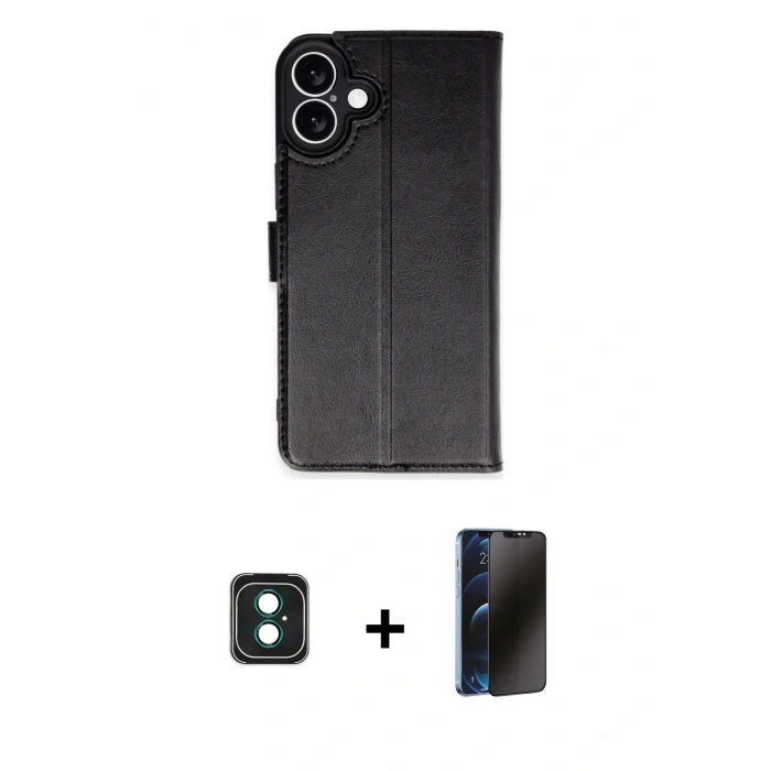 MARSİLYAN™- iPhone 16 Kılıf Siluet Işık Serisi - Siyah 3D Antistatik Hayalet Cam Ekran Koruyucu + PVD Metal Kamera Lens - YL