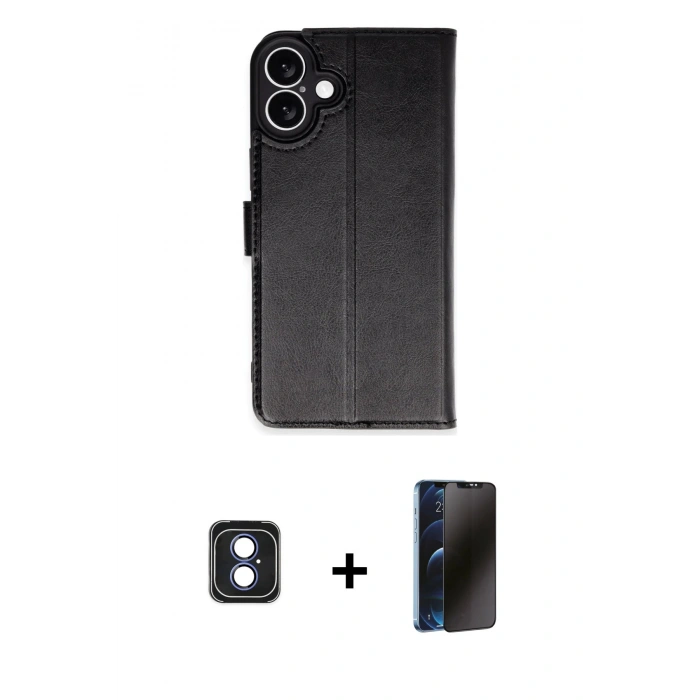 MARSİLYAN™- iPhone 16 Kılıf Siluet Işık Serisi - Siyah 3D Antistatik Hayalet Cam Ekran Koruyucu + PVD Metal Kamera Lens - MI
