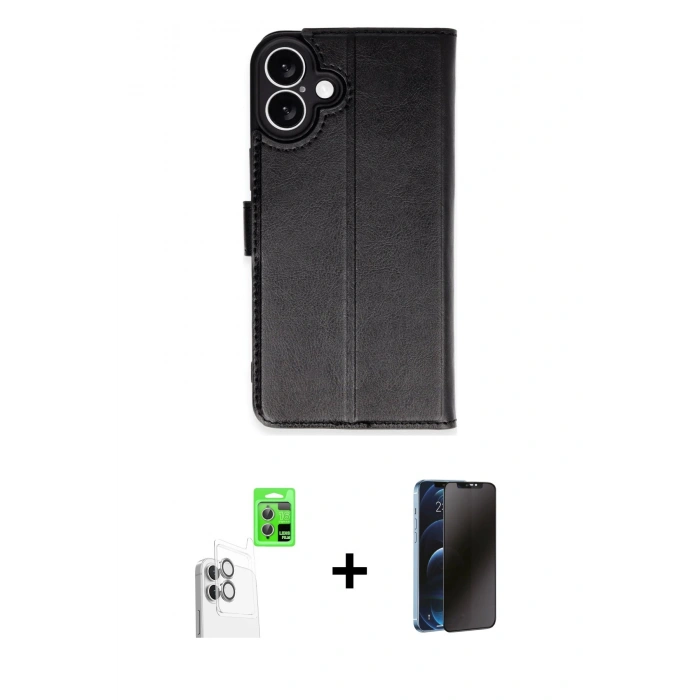 MARSİLYAN™- iPhone 16 Kılıf Siluet Işık Serisi - Siyah 3D Antistatik Hayalet Cam Ekran Koruyucu + Raze Metal Kamera Lens - BZ