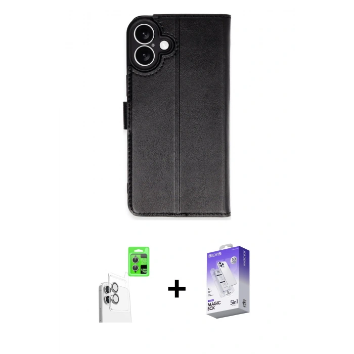 MARSİLYAN™- iPhone 16 Kılıf Siluet Işık Serisi - Siyah Bilvis 5in1 3D Magic Cam Ekran Koruyucu + Beyaz Raze Metal Kamera Lens