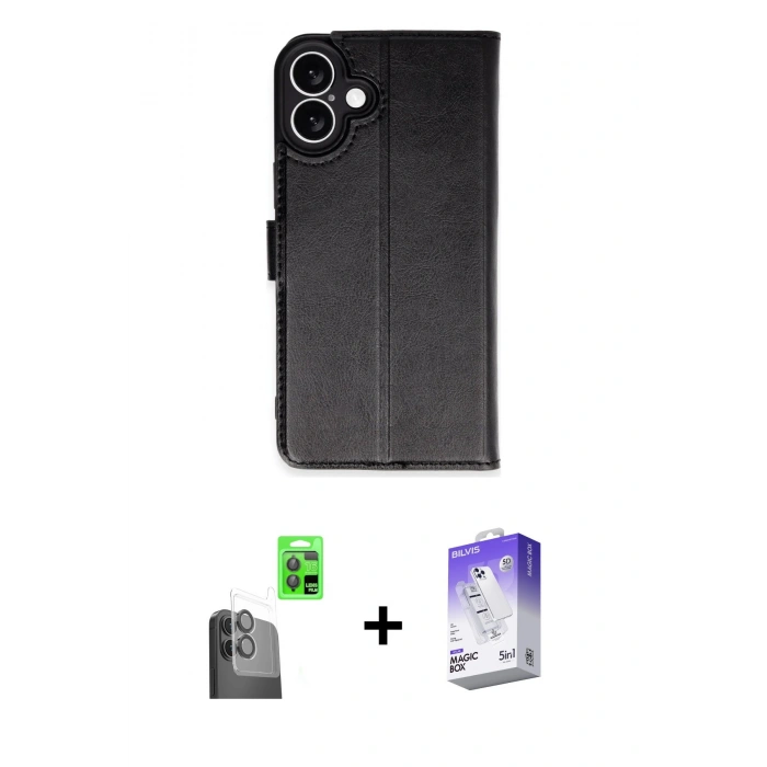 MARSİLYAN™- iPhone 16 Kılıf Siluet Işık Serisi - Siyah Bilvis 5in1 3D Magic Cam Ekran Koruyucu + Raze Metal Kamera Lens - SH