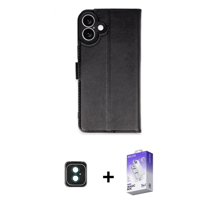 MARSİLYAN™- iPhone 16 Kılıf Siluet Işık Serisi - Siyah Bilvis 5in1 3D Magic Cam Ekran Koruyucu + PVD Metal Kamera Lens - YL