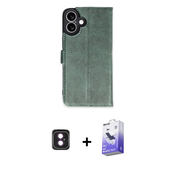 MARSİLYAN™- iPhone 16 Kılıf Siluet Işık Serisi - Siyah Bilvis 5in1 5D Magic Hayalet Cam Ekran Koruyucu + PVD Metal Kamera Lens - PE