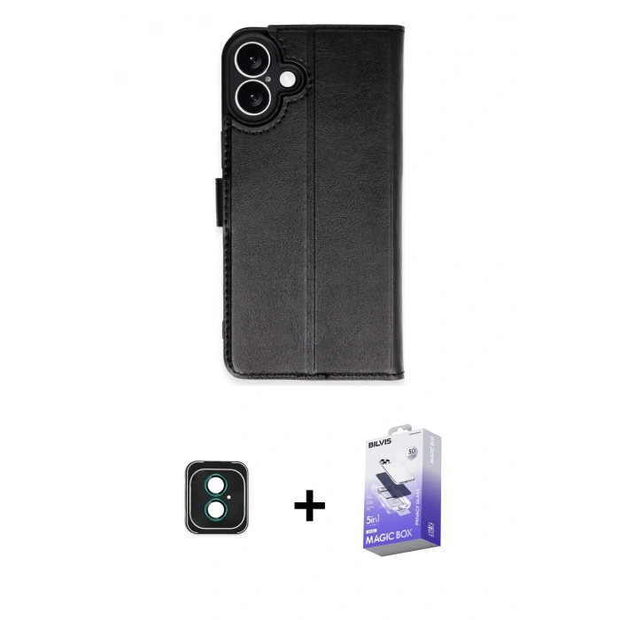 MARSİLYAN™- iPhone 16 Kılıf Siluet Işık Serisi - Siyah Bilvis 5in1 5D Magic Hayalet Cam Ekran Koruyucu + PVD Metal Kamera Lens - YL