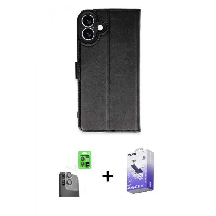 MARSİLYAN™- iPhone 16 Kılıf Siluet Işık Serisi - Siyah Bilvis 5in1 5D Magic Hayalet Cam Ekran Koruyucu + Raze Metal Kamera Lens - SH