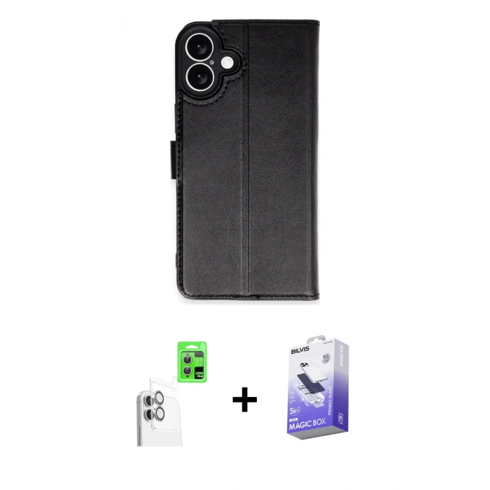 MARSİLYAN™- iPhone 16 Kılıf Siluet Işık Serisi - Siyah Bilvis 5in1 5D Magic Hayalet Cam Ekran Koruyucu + Raze Metal Kamera Lens - BZ