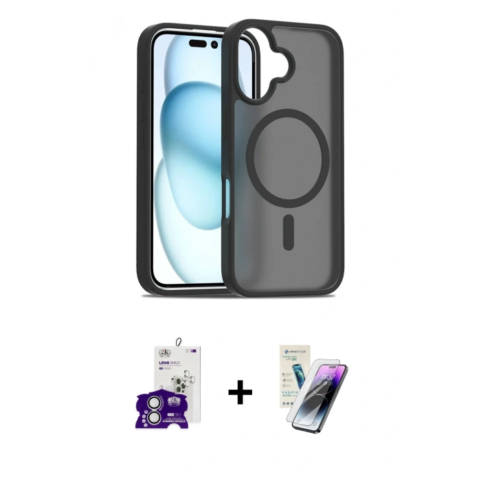 MARSİLYAN™- iPhone 16 Kılıf Siluet Minimal Prime - Şeffaf Pasifik Cam Ekran Koruyucu + Bilvis Titan Kamera Lens - GS