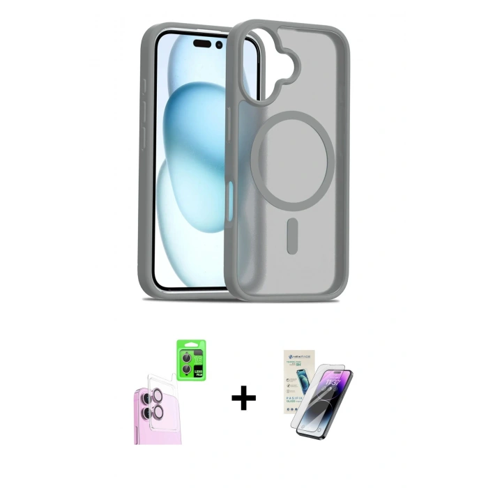 MARSİLYAN™- iPhone 16 Kılıf Siluet Minimal Prime - Şeffaf Pasifik Cam Ekran Koruyucu + Raze Metal Kamera Lens - PE