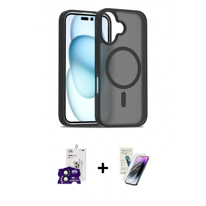 MARSİLYAN™- iPhone 16 Kılıf Siluet Minimal Prime - Şeffaf Pasifik Cam Ekran Koruyucu + Siyah Bilvis Titan Kamera Lens