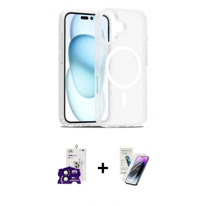 MARSİLYAN™- iPhone 16 Kılıf Siluet Minimal Prime - Şeffaf Pasifik Cam Ekran Koruyucu + Siyah Bilvis Titan Kamera Lens