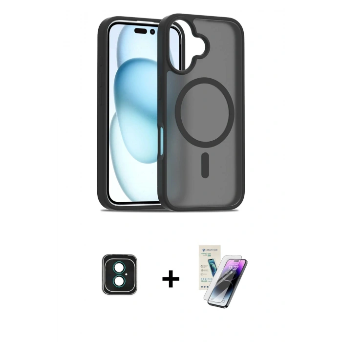 MARSİLYAN™- iPhone 16 Kılıf Siluet Minimal Prime - Şeffaf Pasifik Cam Ekran Koruyucu + PVD Metal Kamera Lens - YL