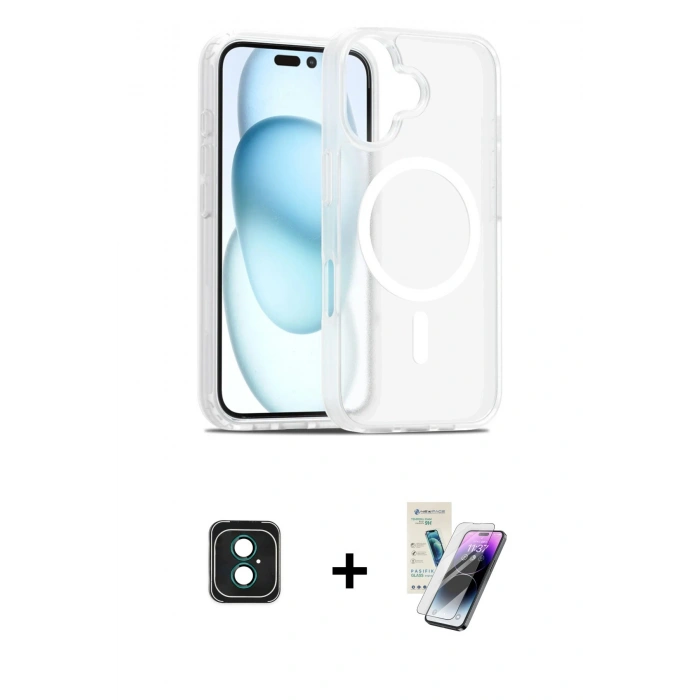 MARSİLYAN™- iPhone 16 Kılıf Siluet Minimal Prime - Şeffaf Pasifik Cam Ekran Koruyucu + PVD Metal Kamera Lens - YL