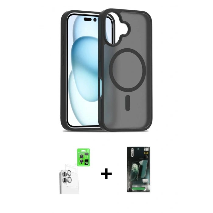 MARSİLYAN™- iPhone 16 Kılıf Siluet Minimal Prime - Siyah 360 Mat Full Body Arka Koruyucu + Raze Metal Kamera Lens - BZ