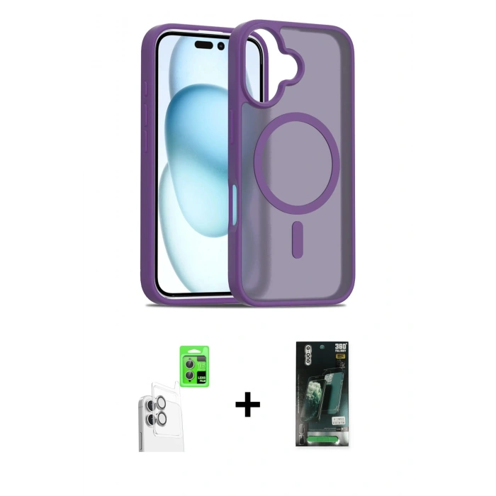 MARSİLYAN™- iPhone 16 Kılıf Siluet Minimal Prime - Siyah 360 Mat Full Body Arka Koruyucu + Raze Metal Kamera Lens - BZ