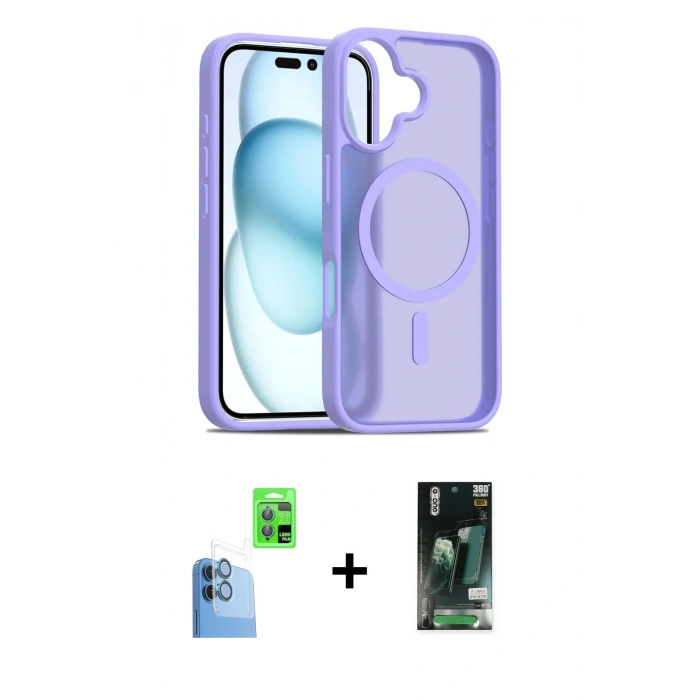 MARSİLYAN™- iPhone 16 Kılıf Siluet Minimal Prime - Siyah 360 Mat Full Body Arka Koruyucu + Raze Metal Kamera Lens - LT