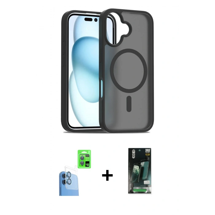 MARSİLYAN™- iPhone 16 Kılıf Siluet Minimal Prime - Siyah 360 Mat Full Body Arka Koruyucu + Raze Metal Kamera Lens - LT