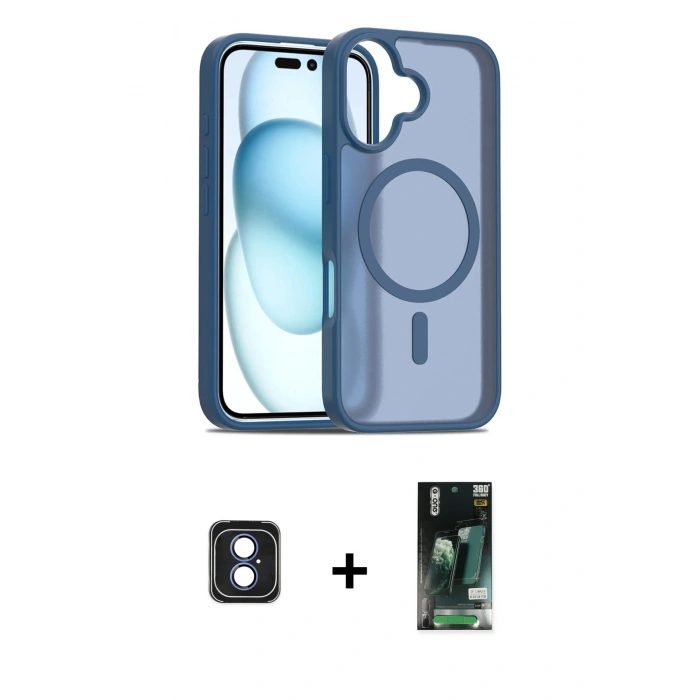 MARSİLYAN™- iPhone 16 Kılıf Siluet Minimal Prime - Siyah 360 Mat Full Body Arka Koruyucu + Mavi PVD Metal Kamera Lens