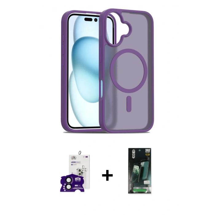 MARSİLYAN™- iPhone 16 Kılıf Siluet Minimal Prime - Siyah 360 Mat Full Body Arka Koruyucu + Siyah Bilvis Titan Kamera Lens