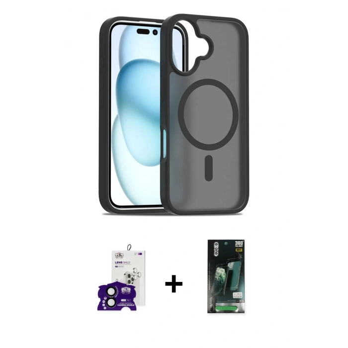 MARSİLYAN™- iPhone 16 Kılıf Siluet Minimal Prime - Siyah 360 Mat Full Body Arka Koruyucu + Siyah Bilvis Titan Kamera Lens