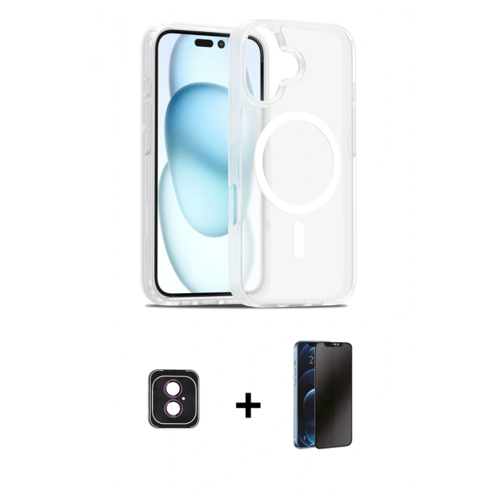 MARSİLYAN™- iPhone 16 Kılıf Siluet Minimal Prime - Siyah 3D Antistatik Hayalet Cam Ekran Koruyucu + PVD Metal Kamera Lens - PE