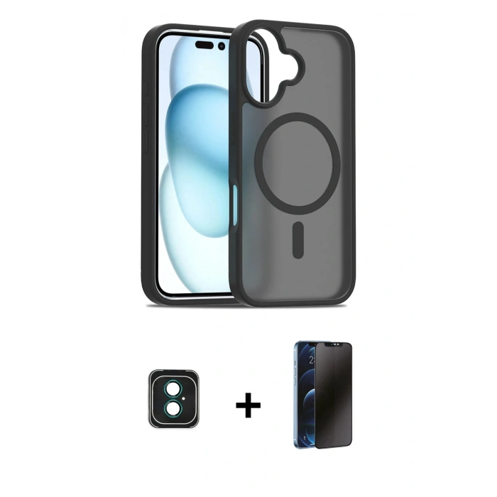 MARSİLYAN™- iPhone 16 Kılıf Siluet Minimal Prime - Siyah 3D Antistatik Hayalet Cam Ekran Koruyucu + PVD Metal Kamera Lens - YL