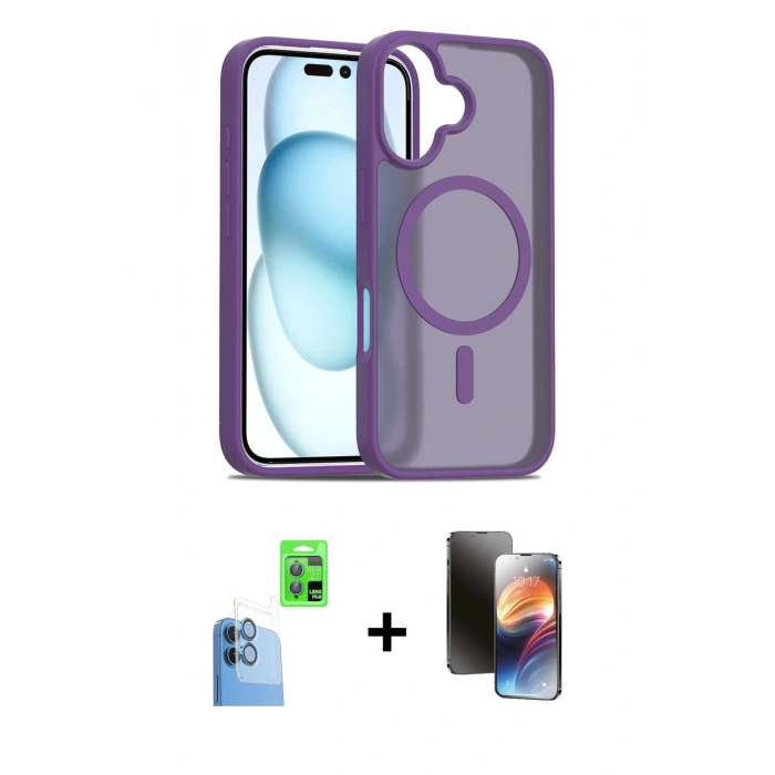 MARSİLYAN™- iPhone 16 Kılıf Siluet Minimal Prime - Siyah 3D Antistatik Mat Seramik Nano Ekran Koruyucu + Lacivert Raze Metal Kamera Lens