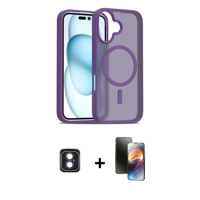 MARSİLYAN™- iPhone 16 Kılıf Siluet Minimal Prime - Siyah 3D Antistatik Mat Seramik Nano Ekran Koruyucu + Mavi PVD Metal Kamera Lens