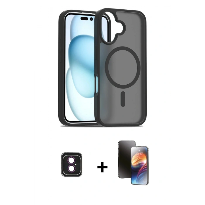 MARSİLYAN™- iPhone 16 Kılıf Siluet Minimal Prime - Siyah 3D Antistatik Mat Seramik Nano Ekran Koruyucu + Pembe PVD Metal Kamera Lens