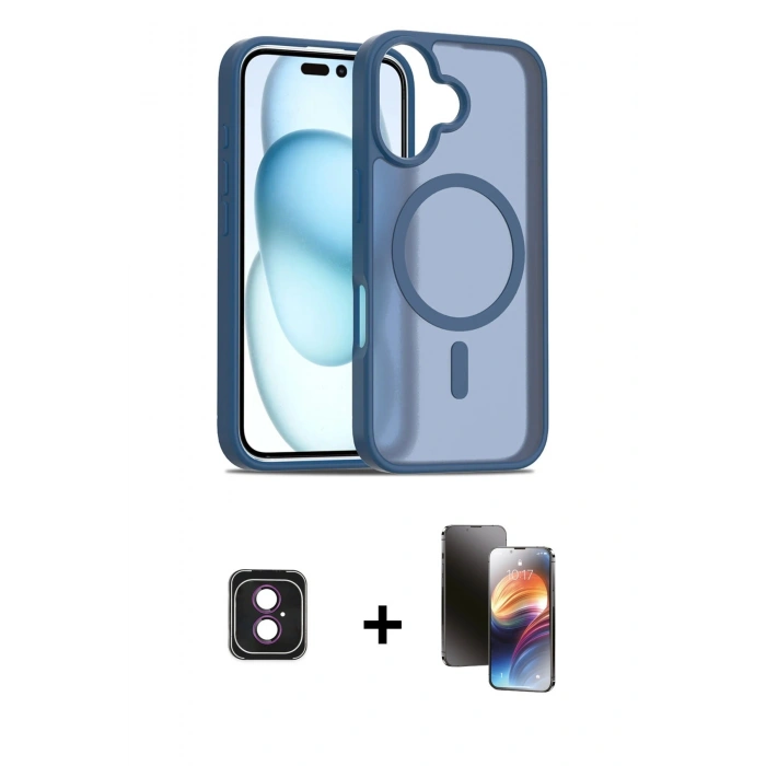 MARSİLYAN™- iPhone 16 Kılıf Siluet Minimal Prime - Siyah 3D Antistatik Mat Seramik Nano Ekran Koruyucu + Pembe PVD Metal Kamera Lens