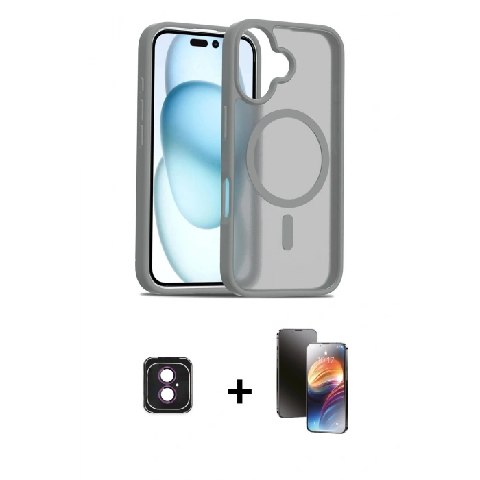 MARSİLYAN™- iPhone 16 Kılıf Siluet Minimal Prime - Siyah 3D Antistatik Mat Seramik Nano Ekran Koruyucu + Pembe PVD Metal Kamera Lens