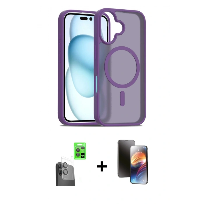 MARSİLYAN™- iPhone 16 Kılıf Siluet Minimal Prime - Siyah 3D Antistatik Mat Seramik Nano Ekran Koruyucu + Raze Metal Kamera Lens - SH