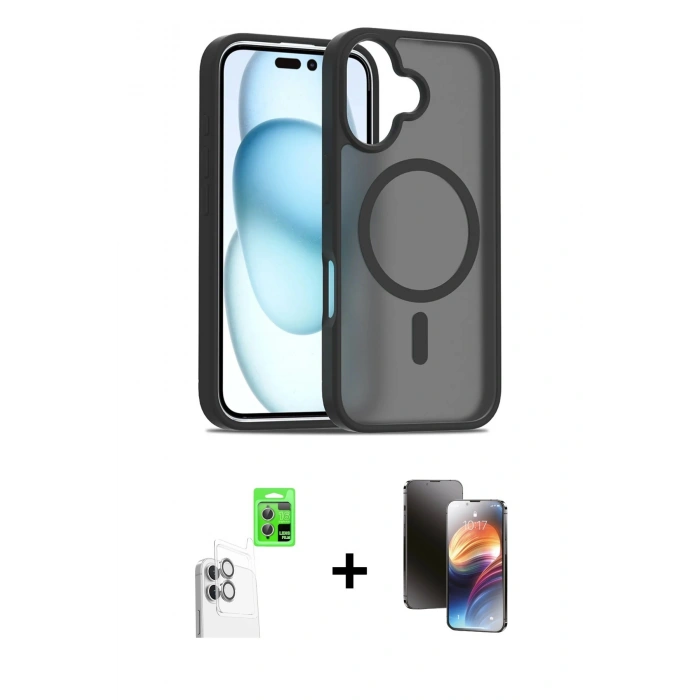 MARSİLYAN™- iPhone 16 Kılıf Siluet Minimal Prime - Siyah 3D Antistatik Mat Seramik Nano Ekran Koruyucu + Raze Metal Kamera Lens - BZ