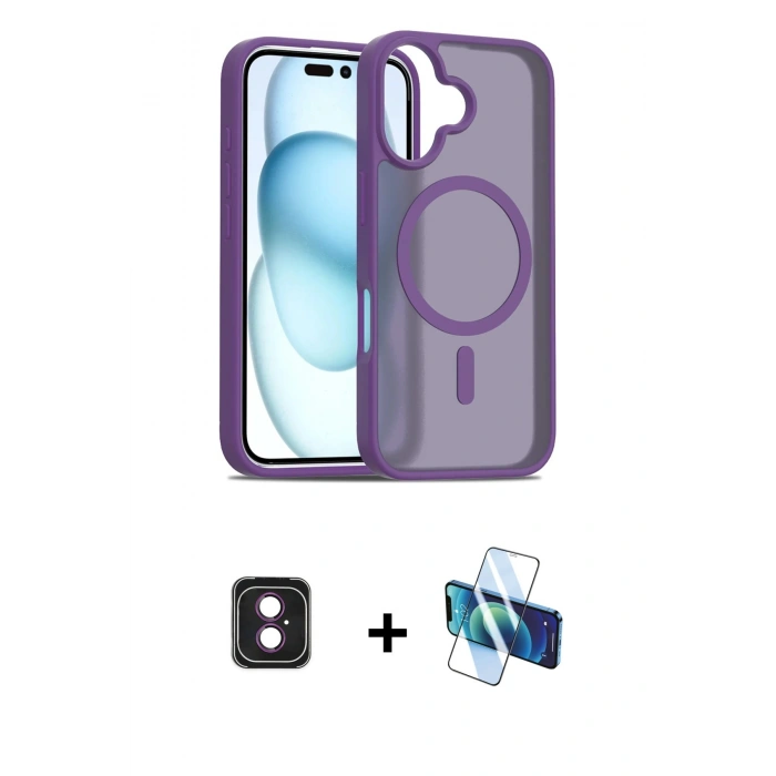 MARSİLYAN™- iPhone 16 Kılıf Siluet Minimal Prime - Siyah 3D Antistatik Seramik Nano Ekran Koruyucu + PVD Metal Kamera Lens - PE