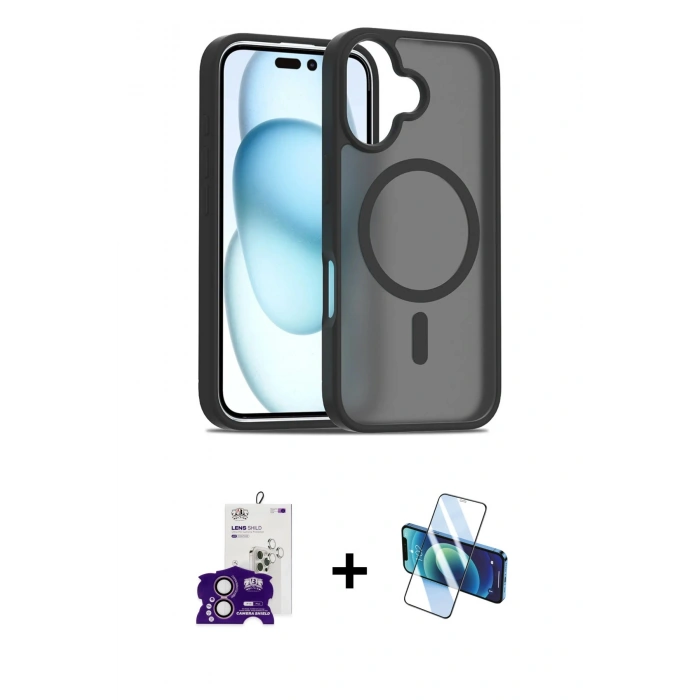 MARSİLYAN™- iPhone 16 Kılıf Siluet Minimal Prime - Siyah 3D Antistatik Seramik Nano Ekran Koruyucu + Bilvis Titan Kamera Lens - PE