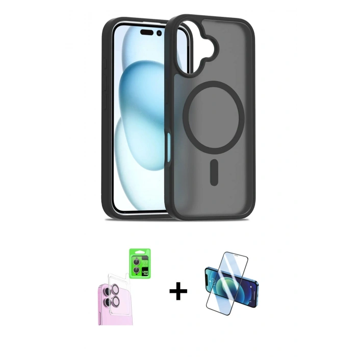 MARSİLYAN™- iPhone 16 Kılıf Siluet Minimal Prime - Siyah 3D Antistatik Seramik Nano Ekran Koruyucu + Raze Metal Kamera Lens - PE
